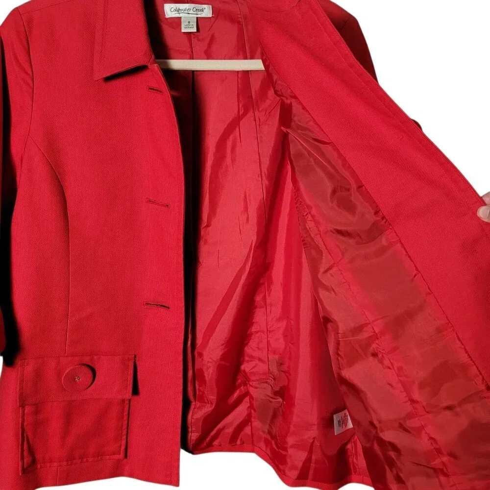 Coldwater Creek Womens Red Big Buttons 3/4 Sleeves Work Blazer Jacket Size 8